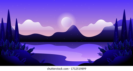 Fantasy forest landscape with night sky illustration