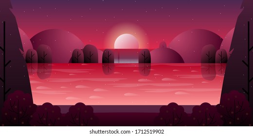 Fantasy forest landscape with night sky illustration