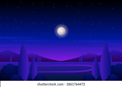 Fantasy forest landscape with night sky illustration
