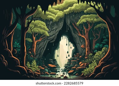 Fantasy forest landscape with a stream flowing through the rocks, vector illustration. A mossy forest with a waterfall and a cave in the background