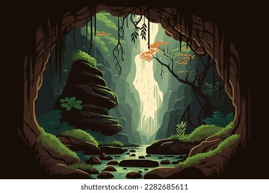 Fantasy forest landscape with a stream flowing through the rocks, vector illustration. A mossy forest with a waterfall and a cave in the background