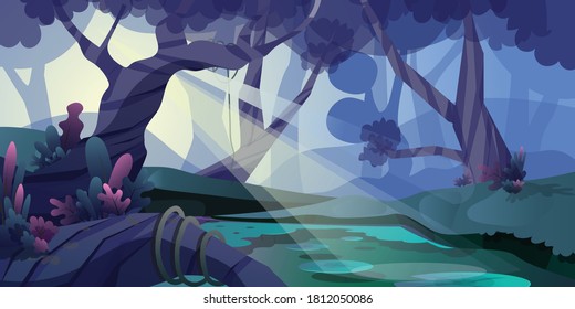 fantasy forest landscape with swamp vector, divine forest vector wallpaper.