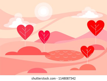 Fantasy forest of love with hearts. Vector illustration.