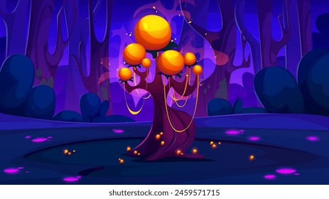 Fantasy forest with magic tree landscape cartoon background. Scary alien world and nature at night illustration. Fairy tale fantastic wonderland environment and spooky garden. Beautiful mystery land