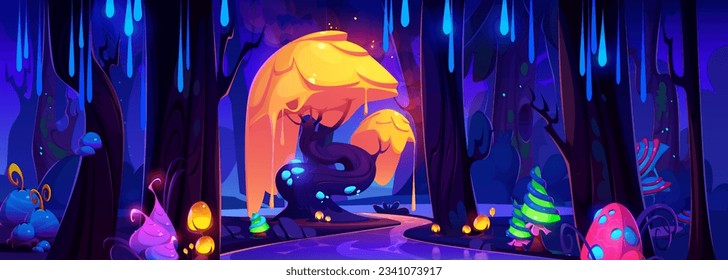 Fantasy forest with magic tree and mushroom cartoon vector game background. Alien garden with psychedelic neon flower and plant element. Fluorescent wonderland with mystical river adventure design