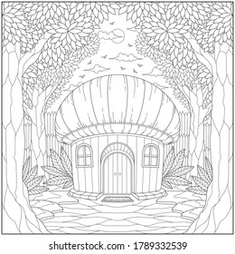 Fantasy forest mushroom house, Adult and kid coloring page in stylish vector illustration for education and learning