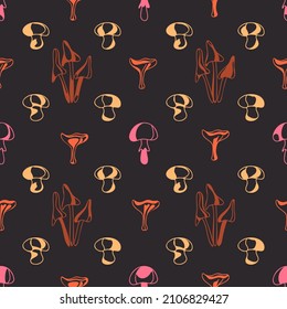 Fantasy forest mushrooms silhouettes on dark background seamless vector pattern. For printing magical fabric and paper.