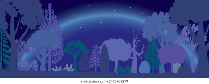 Bosque de fantasía en la noche con la luna grande detrás. Ilustración vectorial.