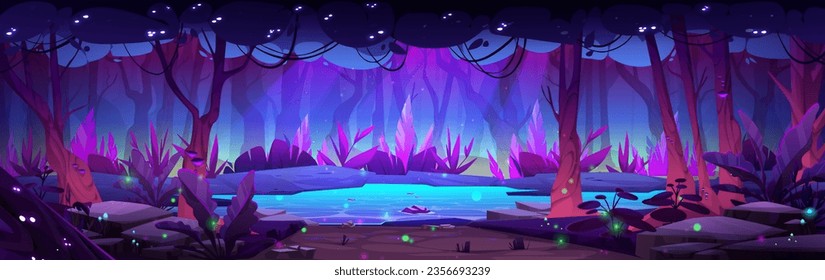 Fantasy-Waldteich-Cartoon-Landschaft Hintergrund. Magischer Garten in der Nacht mit wunderschönem verzaubertem See-Wasser und Baumästen. Nachts leuchtend leuchten im Abenteuerpark für Märchenlegende