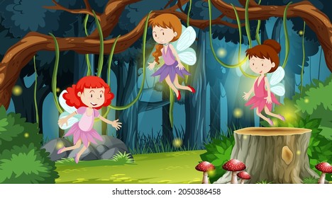 Fantasy forest scene with fairy tales cartoon character illustration