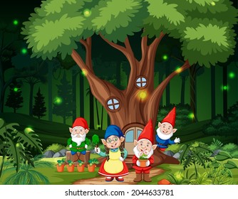 Fantasy forest scene with gnome family illustration