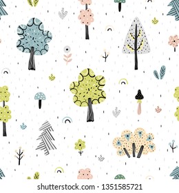 Fantasy forest seamless pattern. Scandinavian background. Vector illustration