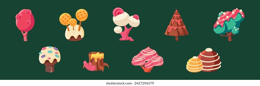 Fantasy Forest with Sweet Tree Stump and Bush Element Vector Set