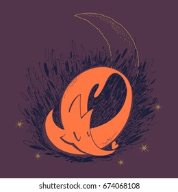 The fantasy. A fox asleep in the grass, stars and a big crescent.
