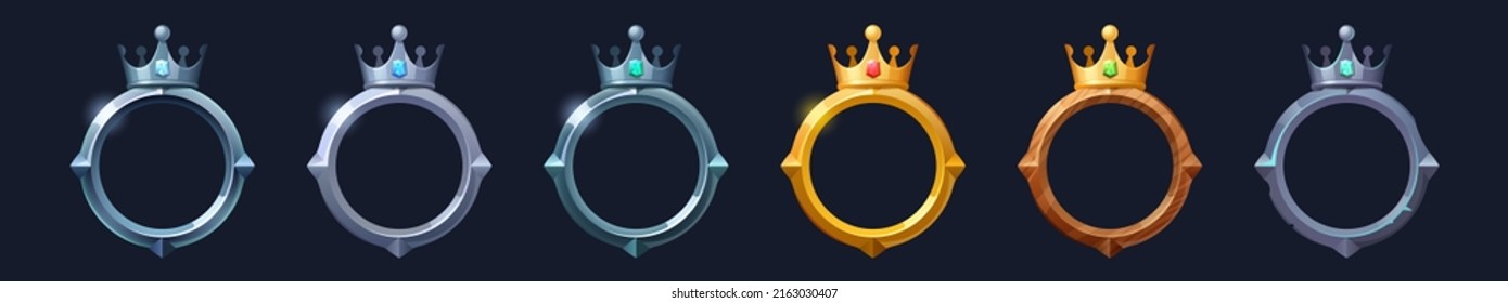 Fantasy Frames With Crown For User Avatar In Game Interface. Vector Cartoon Set Of Gui Elements, Empty Frames With Royal Tiaras And Border With Gold, Silver, Metal And Wooden Texture