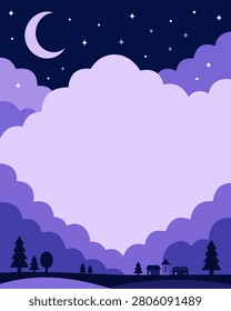 A fantasy friendly lavender midnight blue night sky cloud star friendly fantasy lavender midnight blue night sky with big cloud frame, crescent moon