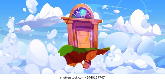 Fantasy front door way in sky with white clouds background. Floating wooden doorway to freedom idea or portal to afterlife dimension. Surreal closed entrance in mysterious anime outdoor design