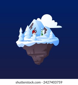 Fantasy gefrorene Wald Land Insel mit Grusel Schneemann schwimmend in den Himmel Vektor-Illustration. Cartoon-Level-Plattform-GUI-Spiel-Asset. Fliegende Steinbühne mit Tannenbaum, Fels und Schneeverwehungen im Winter