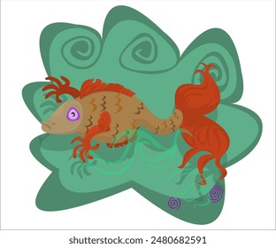 A fantasy, funky fish, underwater in green waves of an ocean; vintage background. This cartoon illustration can be used for fishing and swimming clubs, tourist groups, aquatic shops. Vector, isolated.
