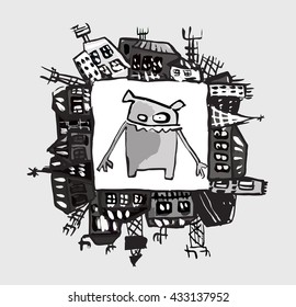 Fantasy funny animal abstract in the middle of the city, fabulous bear, magical beast, the bear with a smile