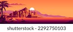 Fantasy futuristic desert landscape, neon sunset, palm trees, clouds, oasis, island. Ancient ruins in the desert, old city. Flat vector illustration
