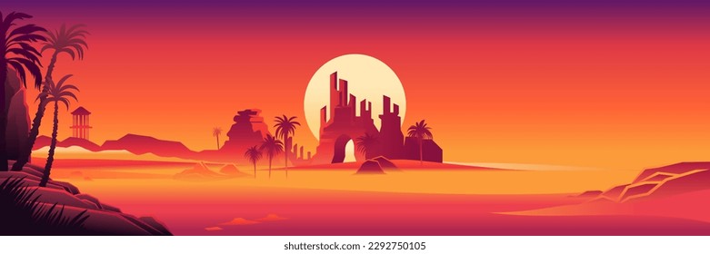 Fantasy futuristic desert landscape, neon sunset, palm trees, clouds, oasis, island. Ancient ruins in the desert, old city. Flat vector illustration