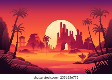 Fantasy futuristic desert landscape, neon sunset, palm trees, clouds, oasis, island. Ancient ruins in the desert, old city. Flat vector illustration