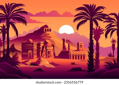 Fantasy futuristic desert landscape, neon sunset, palm trees, clouds, oasis, island. Ancient ruins in the desert, old city. Flat vector illustration