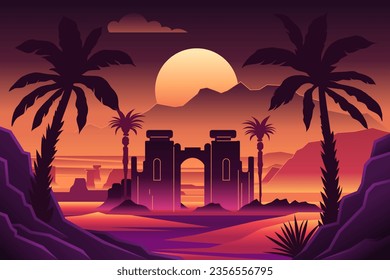 Fantasy futuristic desert landscape, neon sunset, palm trees, clouds, oasis, island. Ancient ruins in the desert, old city. Flat vector illustration