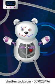 Fantasy futuristic hi-tech illustration of a bionic robot mechanical teddy bear with red heart, cords, charger and other elements
