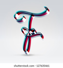 Fantasy futuristic plastic 3d glowing ribbon typeface capital F hanging over light background