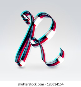 Fantasy futuristic plastic 3d glowing ribbon typeface capital R hanging over light background