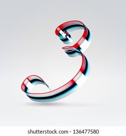 Fantasy futuristic plastic 3d glowing ribbon typeface numeral 3 hanging over light background