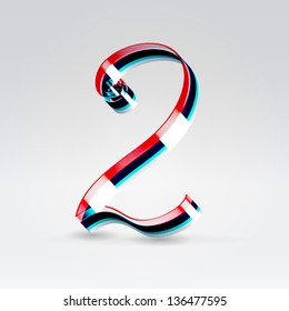 Fantasy futuristic plastic 3d glowing ribbon typeface numeral 2 hanging over light background