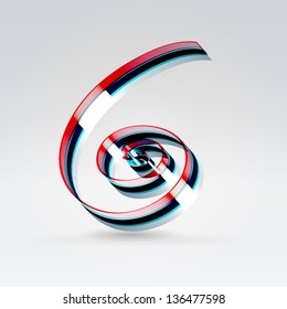 Fantasy futuristic plastic 3d glowing ribbon typeface numeral 6 hanging over light background