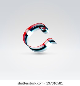 Fantasy futuristic plastic 3d glowing ribbon typeface lowercase c letter hanging over light background
