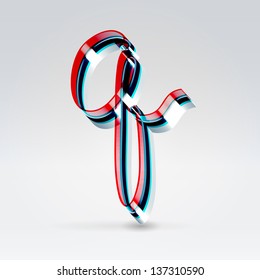 Fantasy futuristic plastic 3d glowing ribbon typeface lowercase q letter hanging over light background