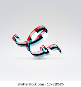 Fantasy futuristic plastic 3d glowing ribbon typeface lowercase e letter hanging over light background