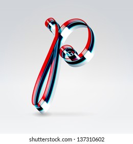 Fantasy futuristic plastic 3d glowing ribbon typeface lowercase p letter hanging over light background