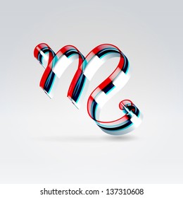 Fantasy futuristic plastic 3d glowing ribbon typeface lowercase m letter hanging over light background