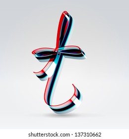 Fantasy futuristic plastic 3d glowing ribbon typeface lowercase t letter hanging over light background