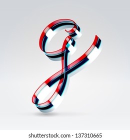 Fantasy futuristic plastic 3d glowing ribbon typeface lowercase g letter hanging over light background