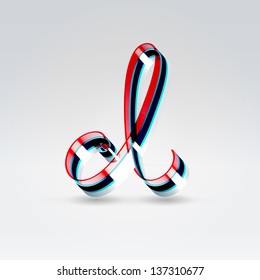 Fantasy futuristic plastic 3d glowing ribbon typeface lowercase d letter hanging over light background