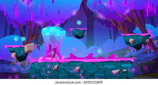 Fantasy game with alien space landscape background. Fantastic planet level ui scene in night universe with floating rock platform to jump. Futuristic 2d outer arcade surface environment wallpaper