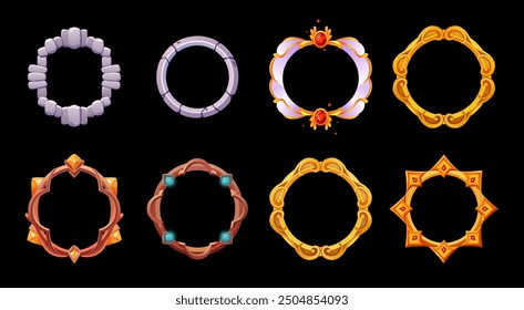 Fantasy game avatar frame set. Rank border badge icon. Metallic round level ring frame. Stone and metal interface asset for rpg. Empty gold, silver, bronze reward graphic frame. Gemstone.