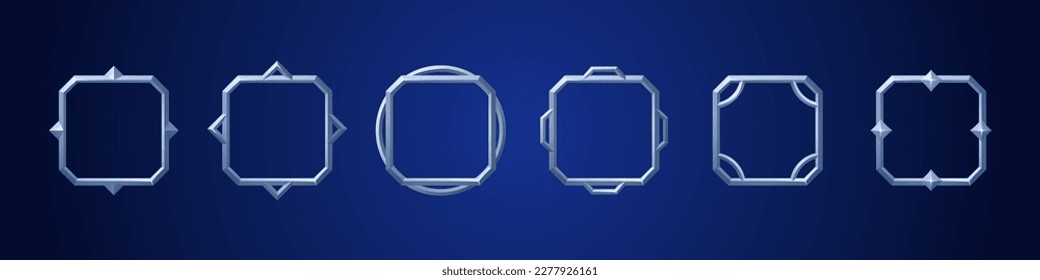 Fantasy game avatar frames. UI square elements with silver border in medieval style. Empty metal frames different shapes for buttons and panels, vector cartoon set