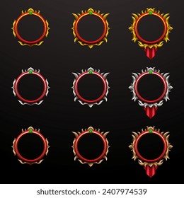 Fantasy Game Avatar Red Border Frame with Gold, Silver and Bronze Elements for Game UI Designs
