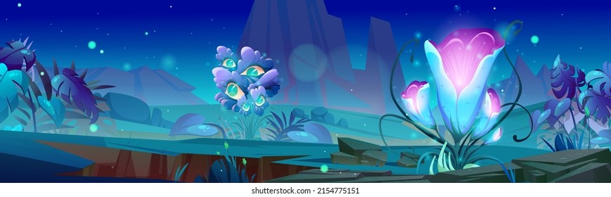 Fantasy game background of alien world with fantastic plants at night. Vector cartoon illustration of summer landscape with mountains, grass and unusual shiny exotic flowers