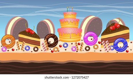 fantasy game background with chocolate, ice cream,cakes and candy