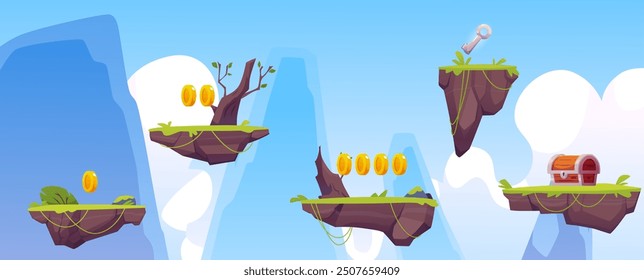 Fantasy game background with floating islands, coins, key, and treasure chest. Vector illustration of platform elements in a sky setting. Ideal for 2D games and animation projects.